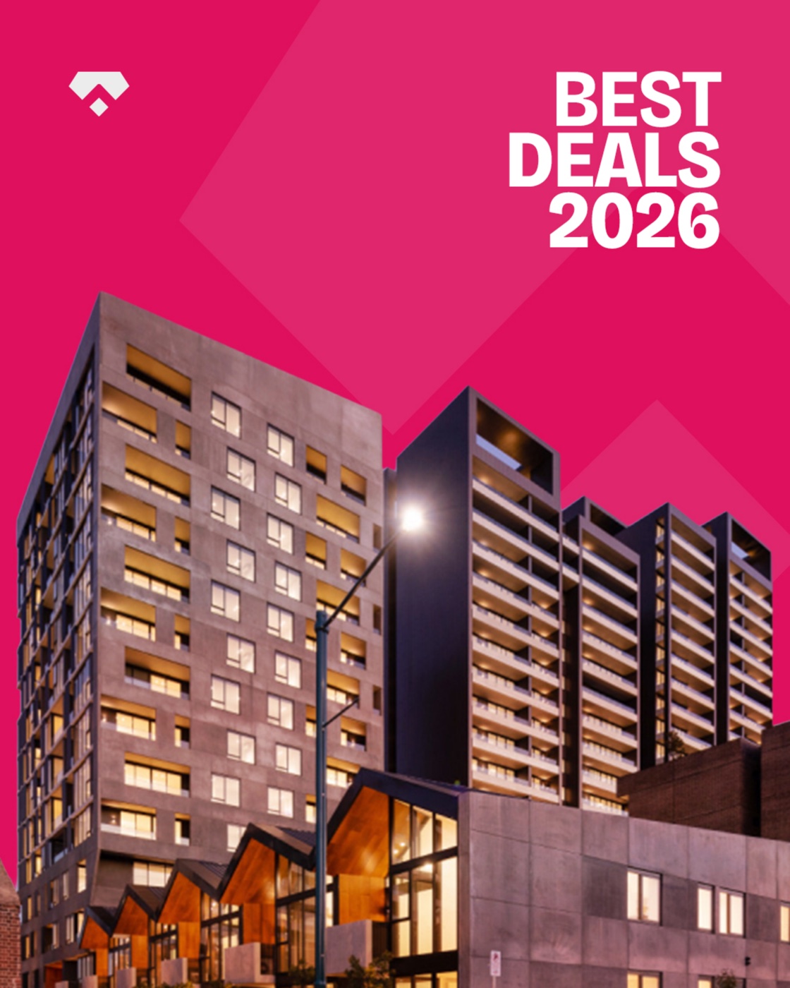 Best Deals 2026 social post — white type on a full-bleed magenta field with apartment towers