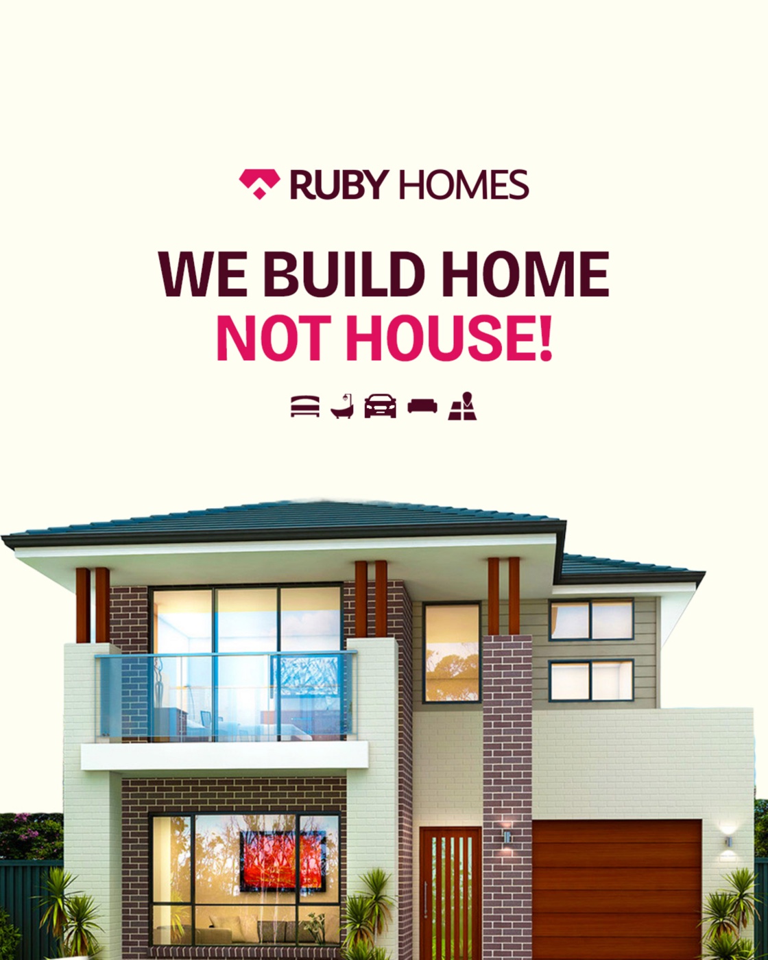 Launch social post — the Ruby Homes logo above 'We build home, not house.' over a two-storey home