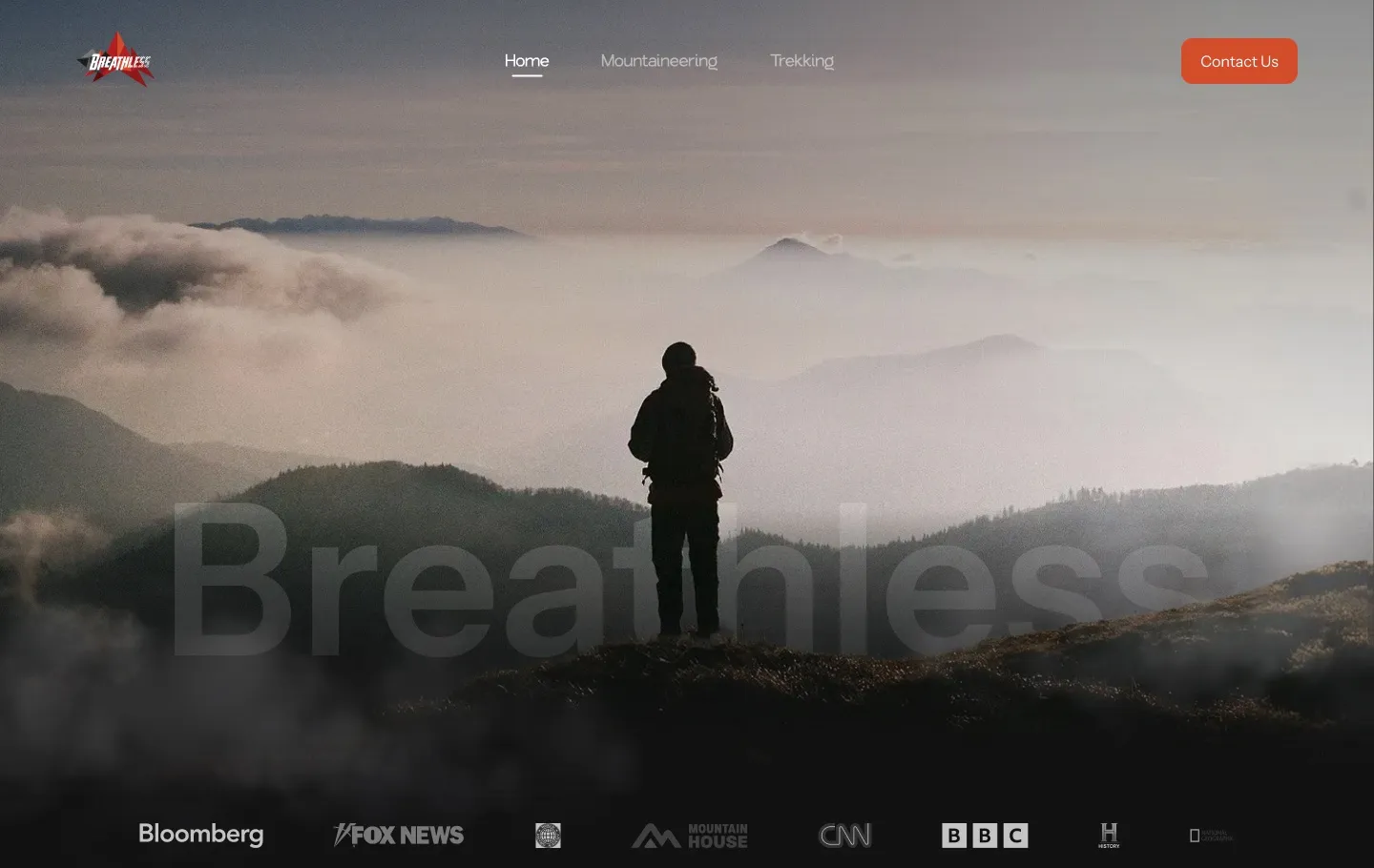 The Breathless Expeditions site hero — a dark mountain basecamp