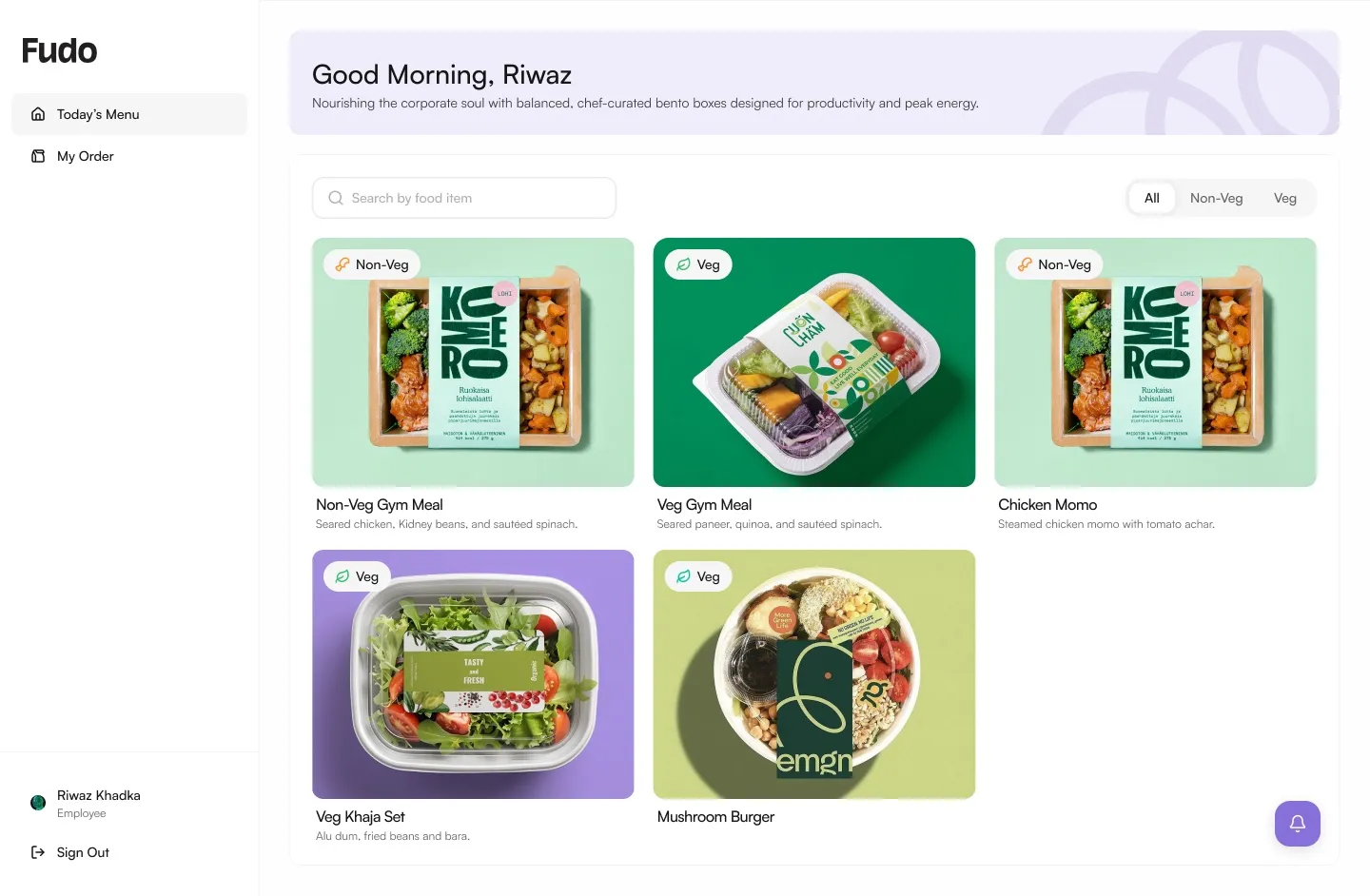 The Fudo ordering screen — the day's menu of bento sets, filterable by veg and non-veg