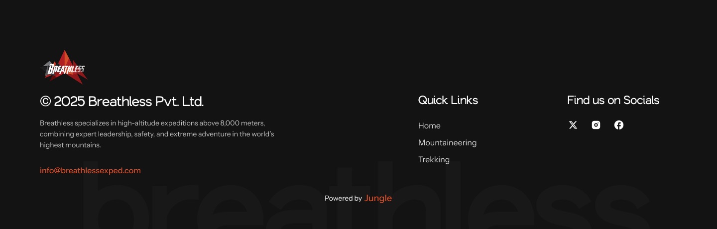Breathless footer with the wordmark and a 'Powered by Jungle' credit