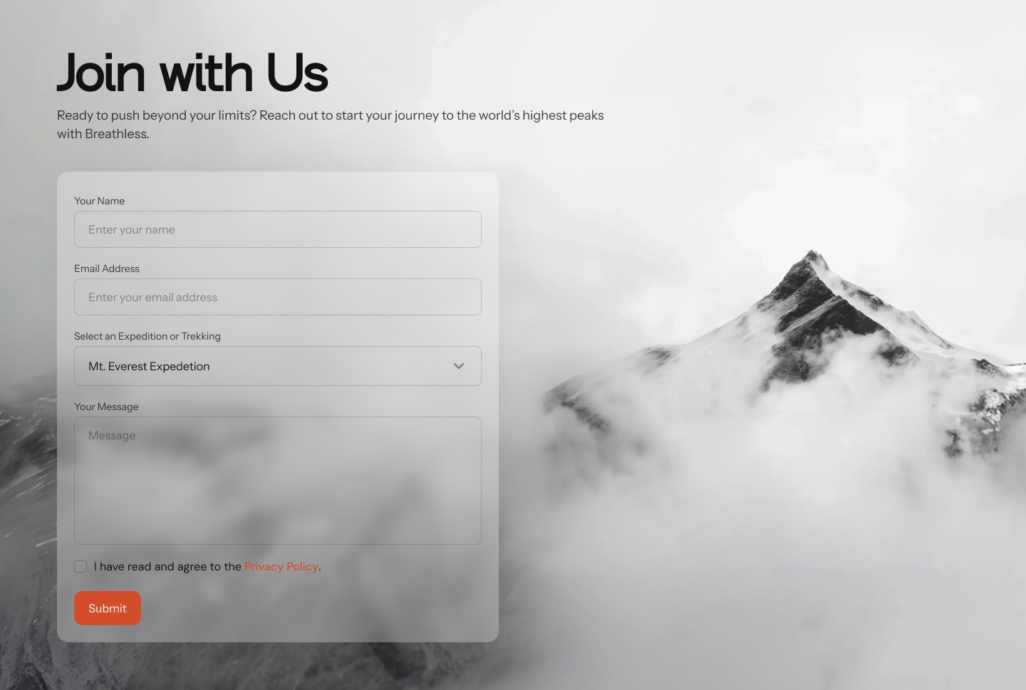Join with Us enquiry form set against a misty summit