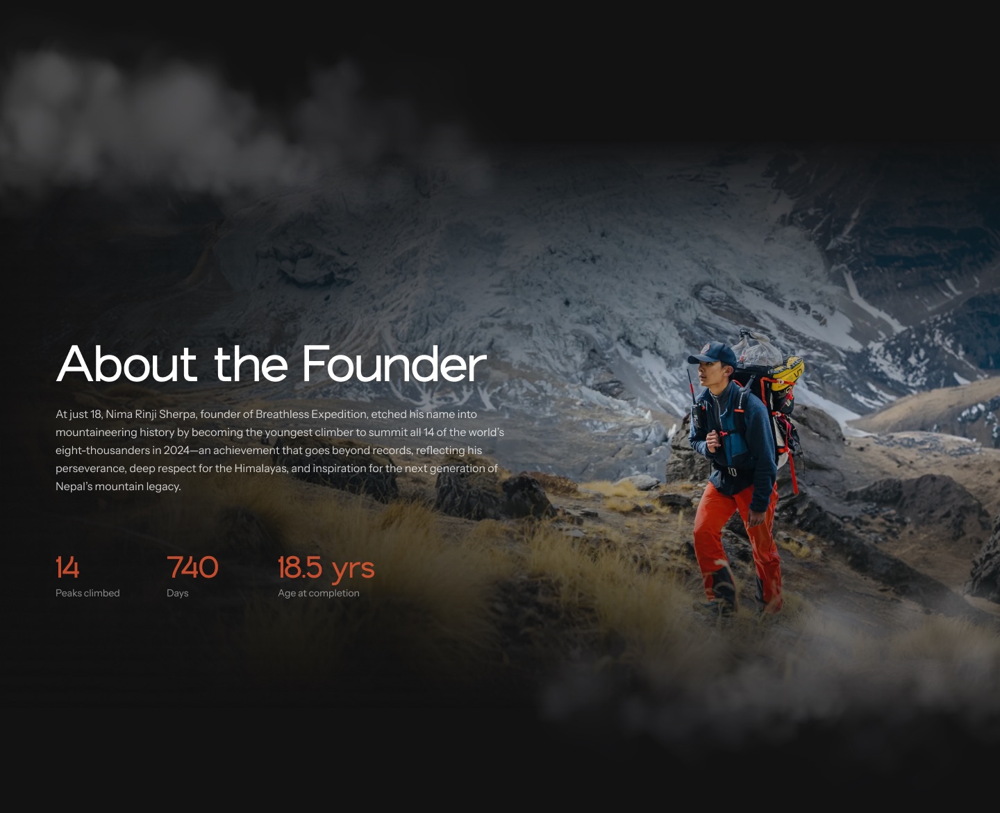 About the Founder section — founder walking a Himalayan ridge, with peaks-climbed stats