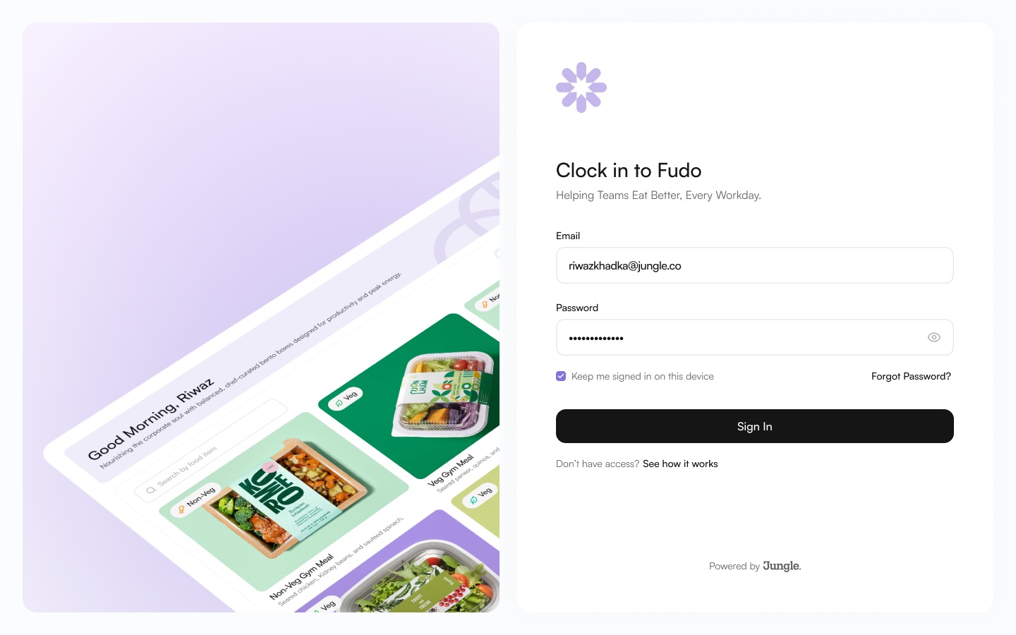 Fudo sign-in screen — 'Clock in to Fudo' with email and password beside a tilted preview of the menu