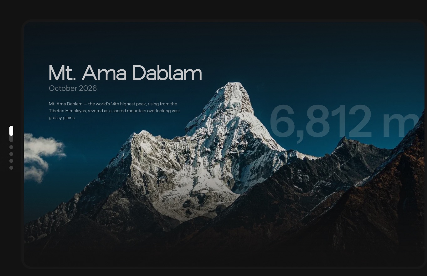 Mountaineering expedition card for Mt. Ama Dablam with a ghosted altitude headline