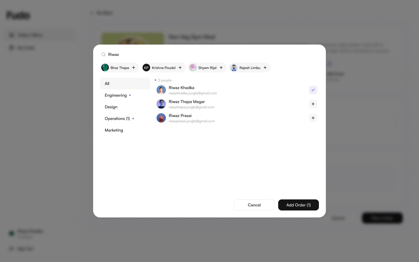 Ordering-for-a-teammate modal with a searchable, department-grouped colleague list
