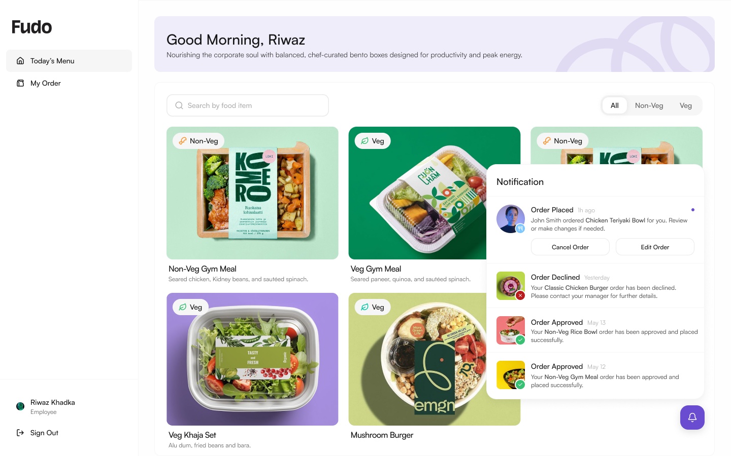 Menu home with a notifications panel showing order placed, approved and declined states