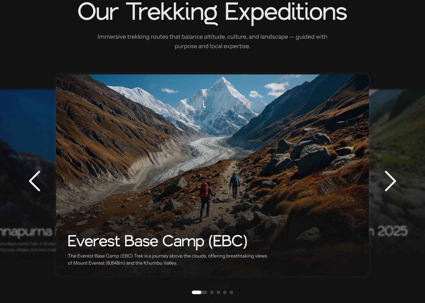 Trekking expeditions carousel featuring the Everest Base Camp trek